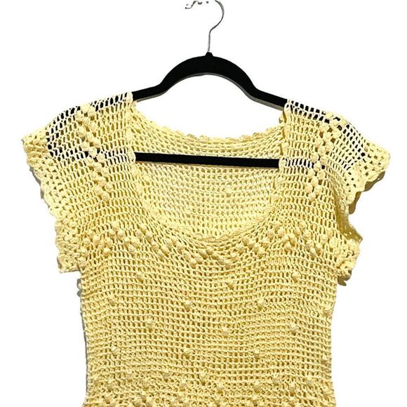 HANDMADE Hand Crafted Crochet Pale Yellow Hand Knitted Y2K Short Sleeve Top - Picture 5 of 10